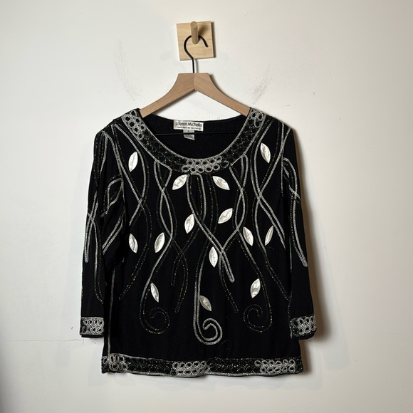 Lauren Michelle Black and Silver 3/4 Sleeve Embroidered Appliqué Blouse size XL - Picture 1 of 8
